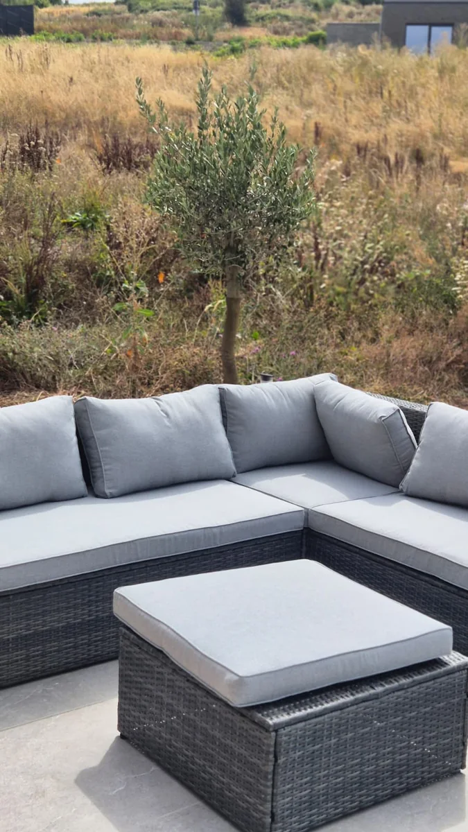 Salon extérieur du studio TDH, entouré d'oliviers à Floriffoux